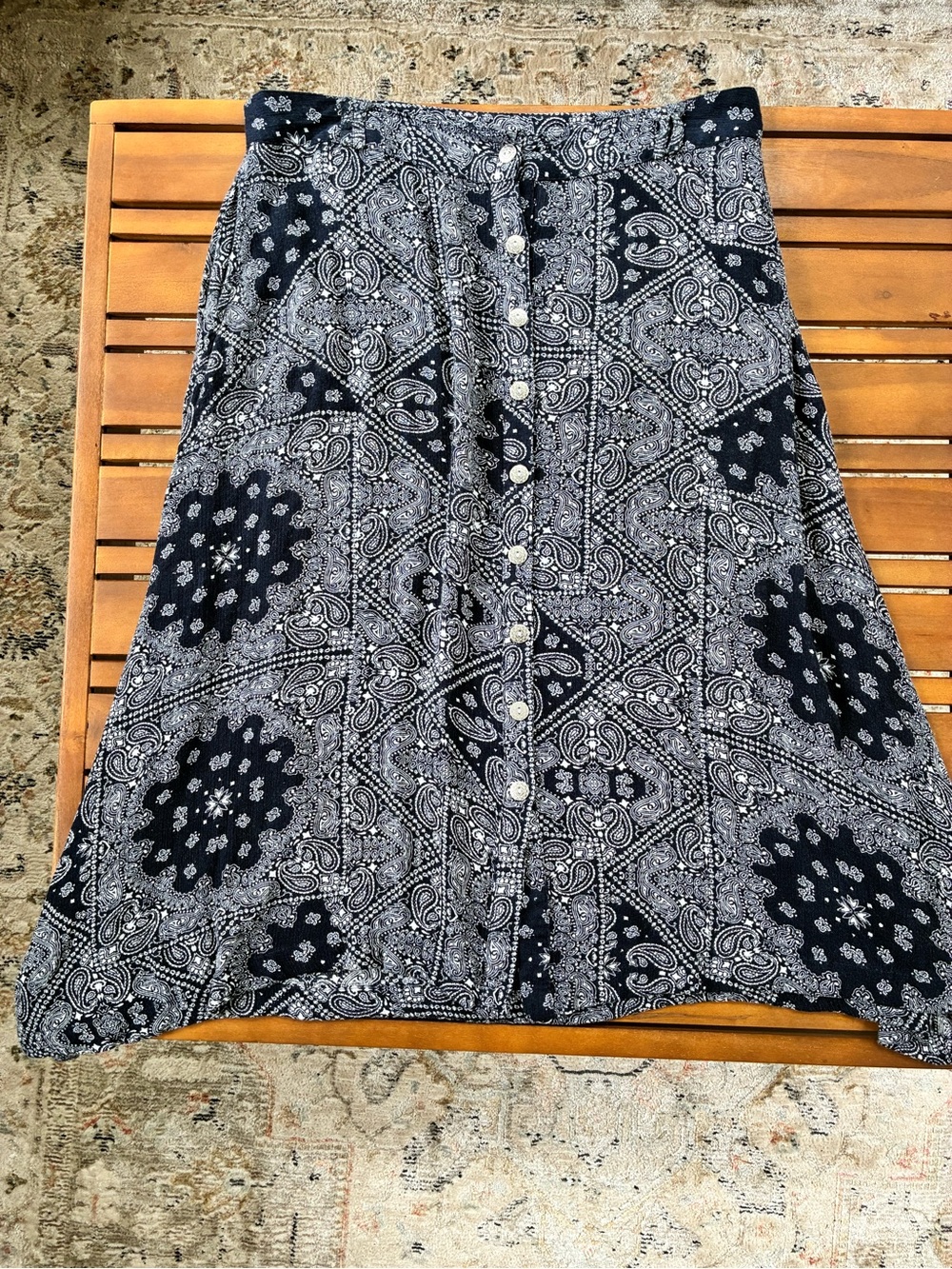 Simply Styled Navy Bandana-Print Button-Front Midi Skirt